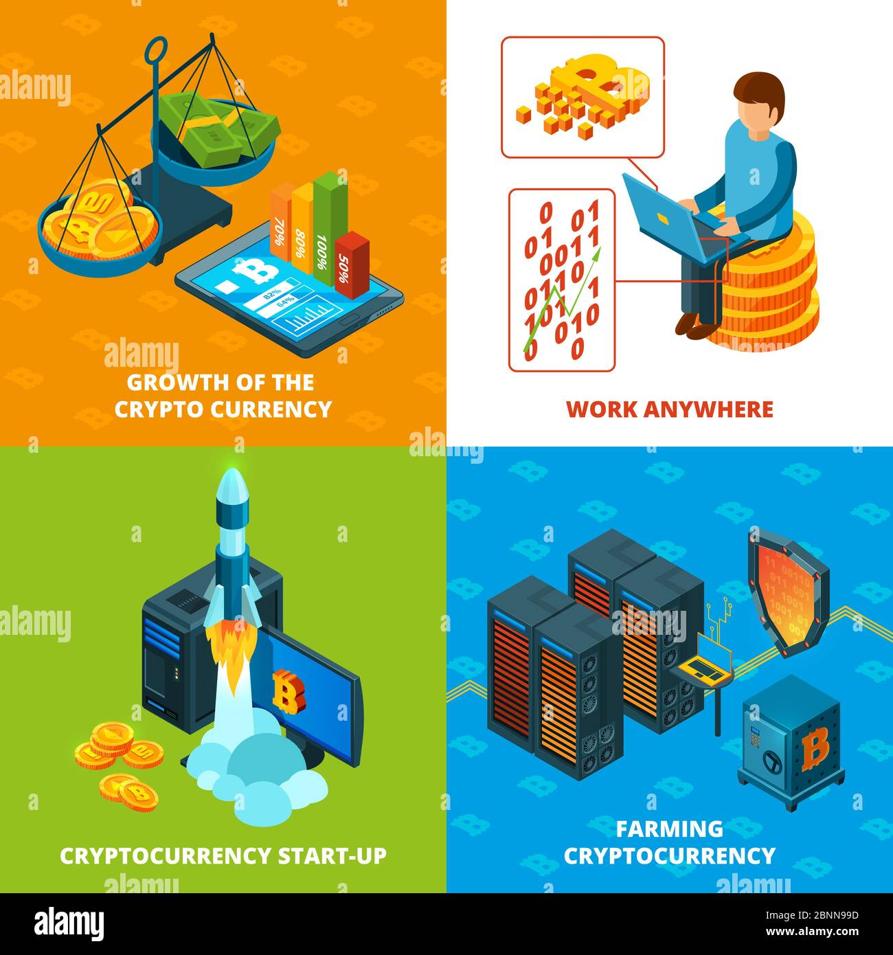 Estrazione a criptovaluta. Composizioni isometriche di concetto vettoriale di ricerca elettronica di blocco monetario Illustrazione Vettoriale