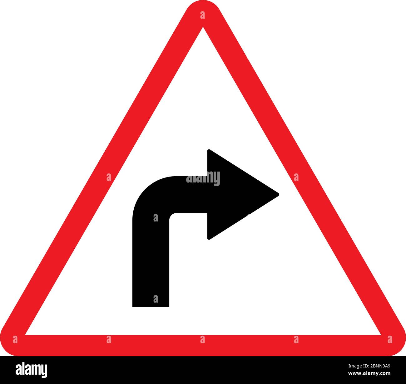 Illustrazione del segnale stradale di svolta a destra. Palo triangolare rosso. Simbolo di avvertenza traffico stradale. Illustrazione Vettoriale