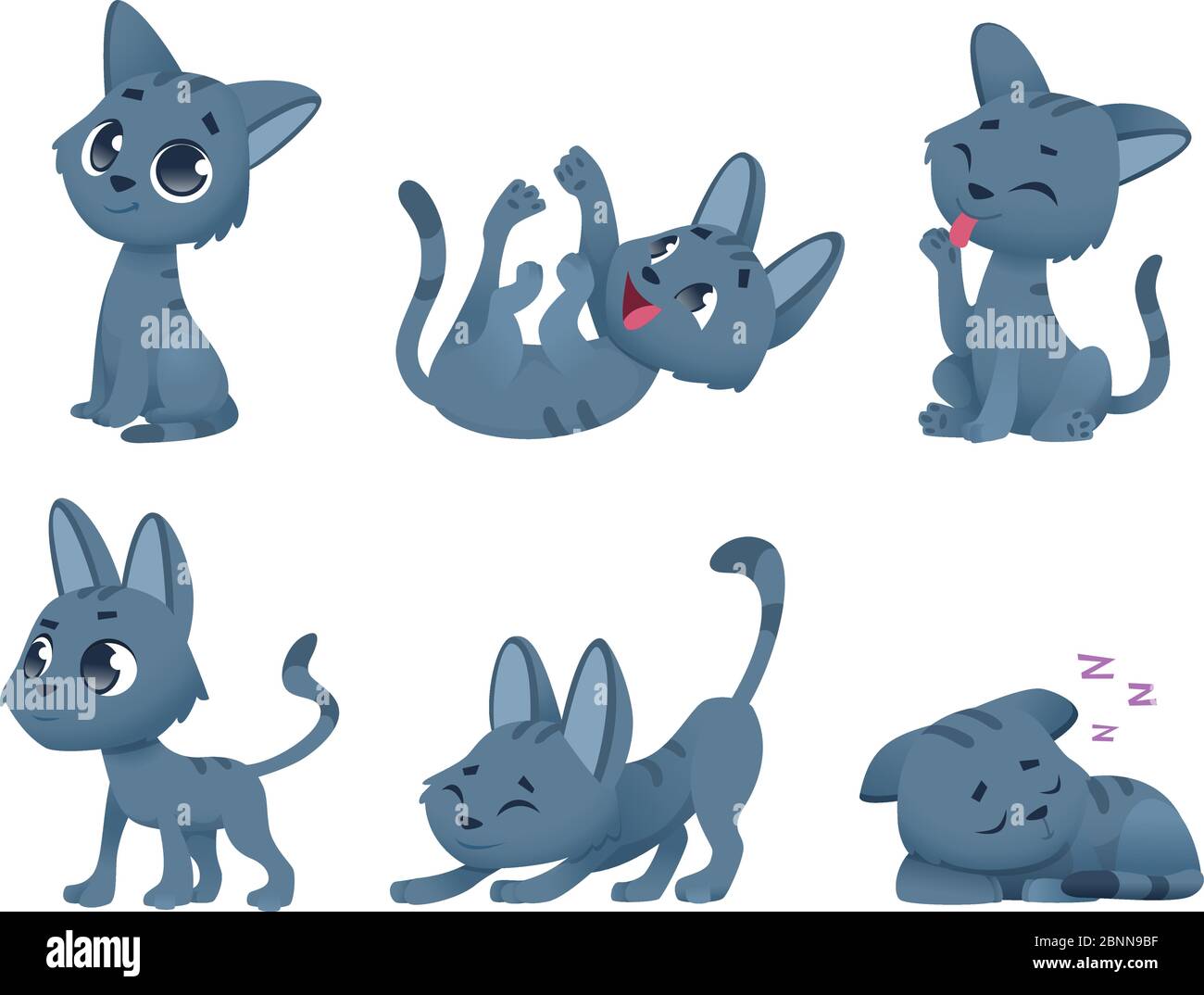 Gatti cute del bambino. Divertenti piccoli animali domestici giocattolo gattino vettore cartoni animati in varie pose Illustrazione Vettoriale