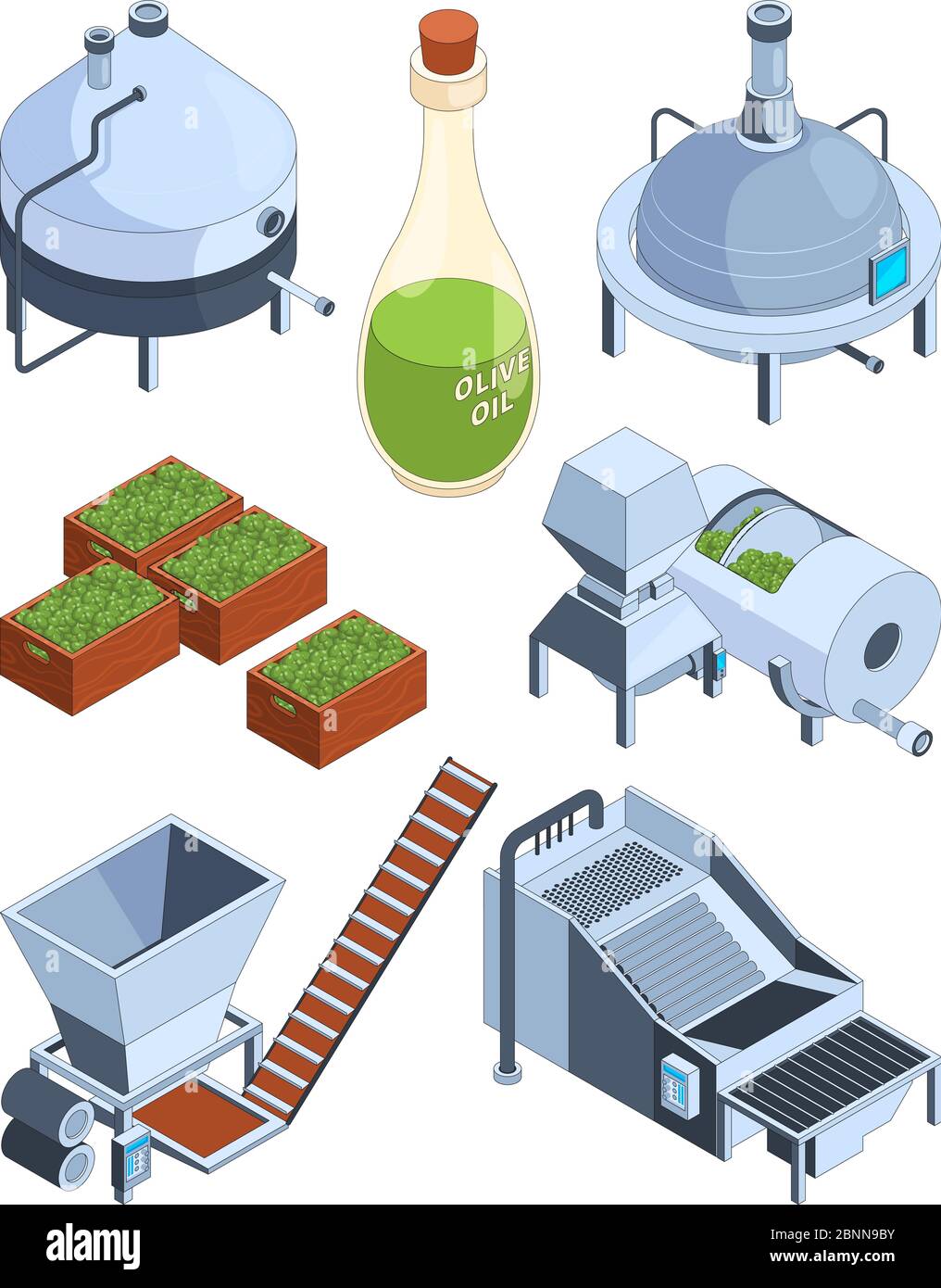 Estrazione dell'olio d'oliva. Calca greca e olio verde di oliva industria di produzione di prodotti agricoli pressa alimentare industria vettore icone isometriche Illustrazione Vettoriale