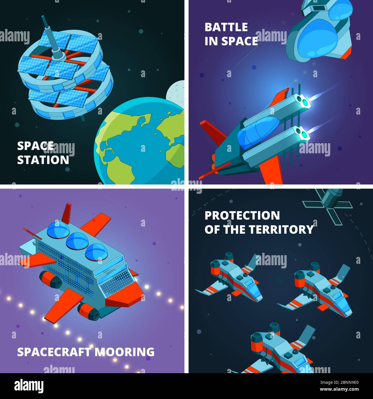Scoperta di viaggi spaziali. Spaceman o astronauta all'esploratore di orbita con l'astronave alle immagini di concetto del vettore della stazione interstellare Illustrazione Vettoriale