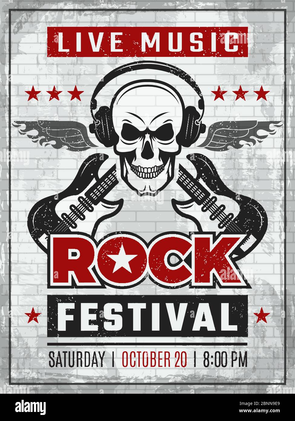 Poster retrò del festival musicale. Strumenti musicali per chitarra rock in stile monocromatico. Placard vettoriale di musica o rock festivity Illustrazione Vettoriale