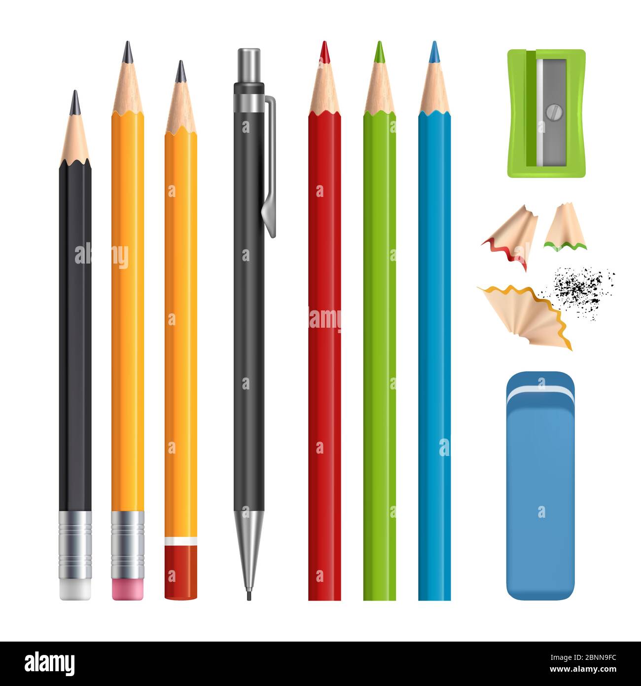 Set matite. Utensili di cancelleria affilano matite di legno colorate con vettore di gomma realistiche illustrazioni isolate Illustrazione Vettoriale