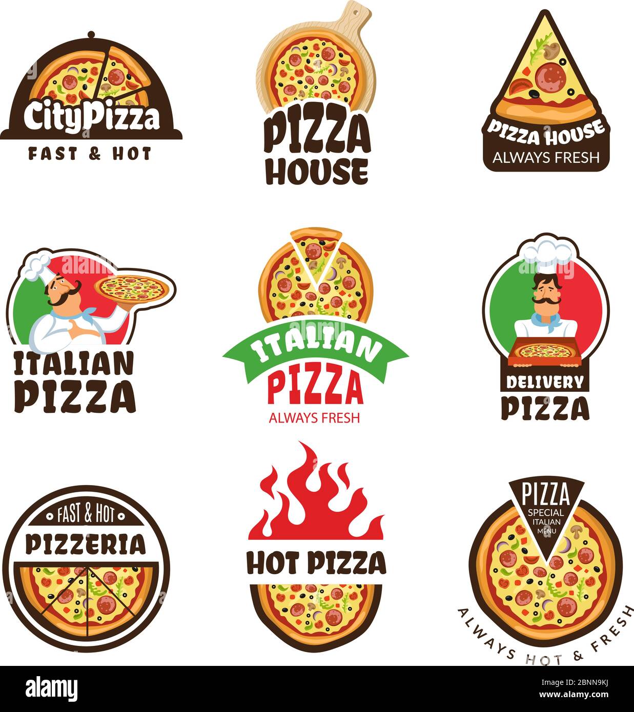 Logo pizzeria. Pizza italiana ingredienti ristorante cuoco trattoria pranzo colorato vettore etichette o distintivi Illustrazione Vettoriale