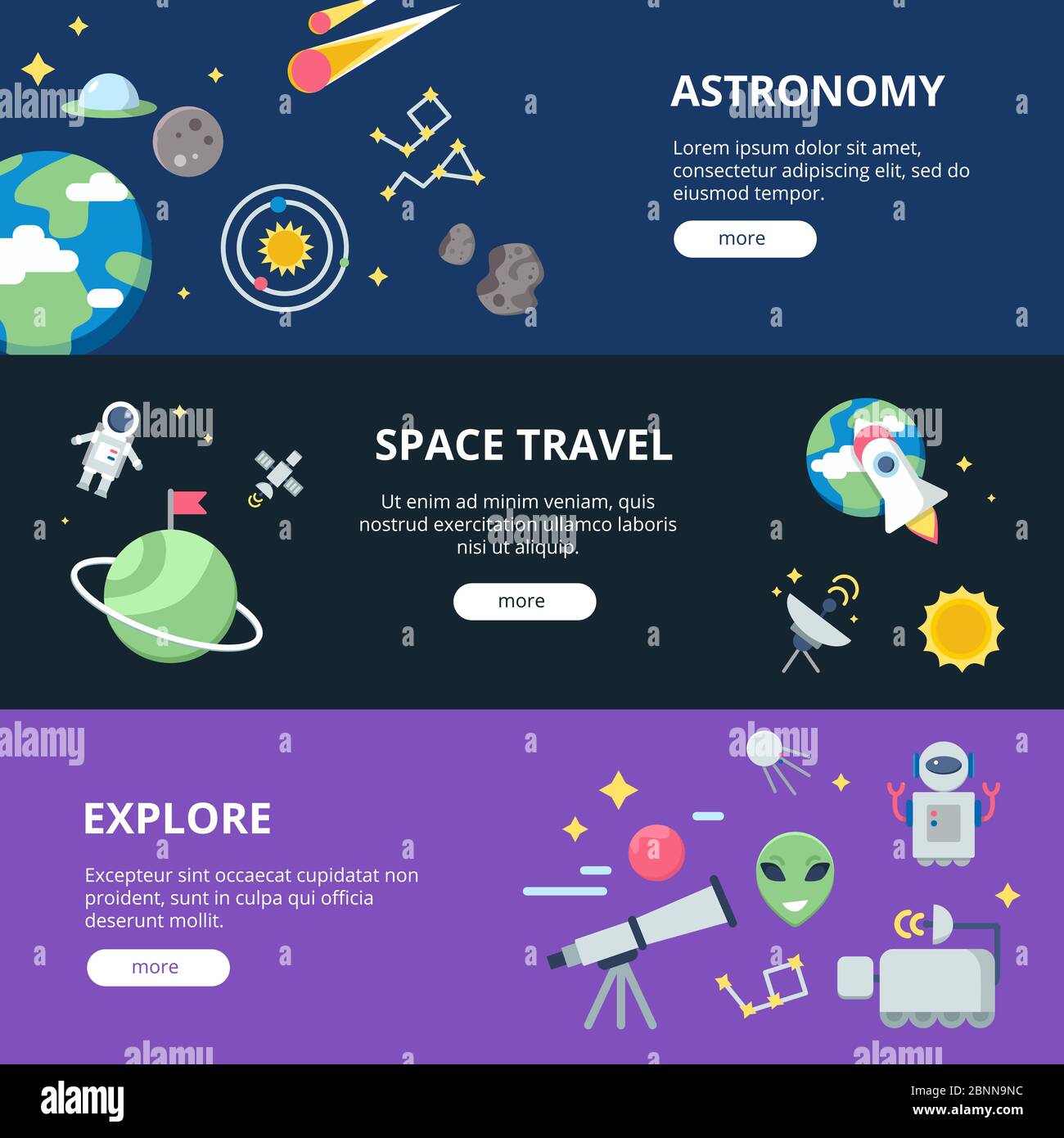 Banner spazio. Sistema solare e lunare con pianeti con satelliti vicino terra e razzi o vessilli navicella spaziale web banner vettoriali Illustrazione Vettoriale