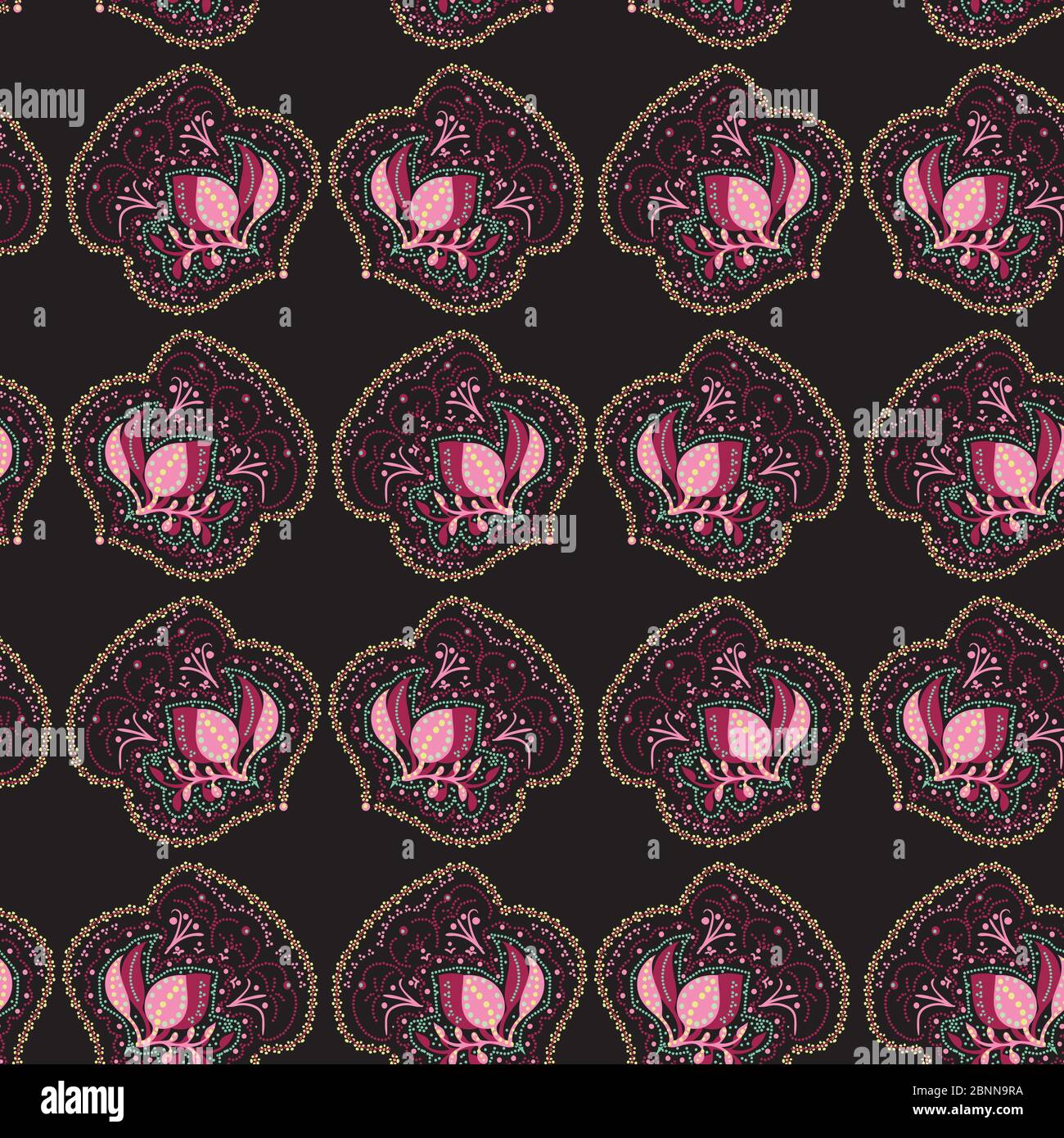rosa foglie di ornamento folk su sfondo nero Illustrazione Vettoriale