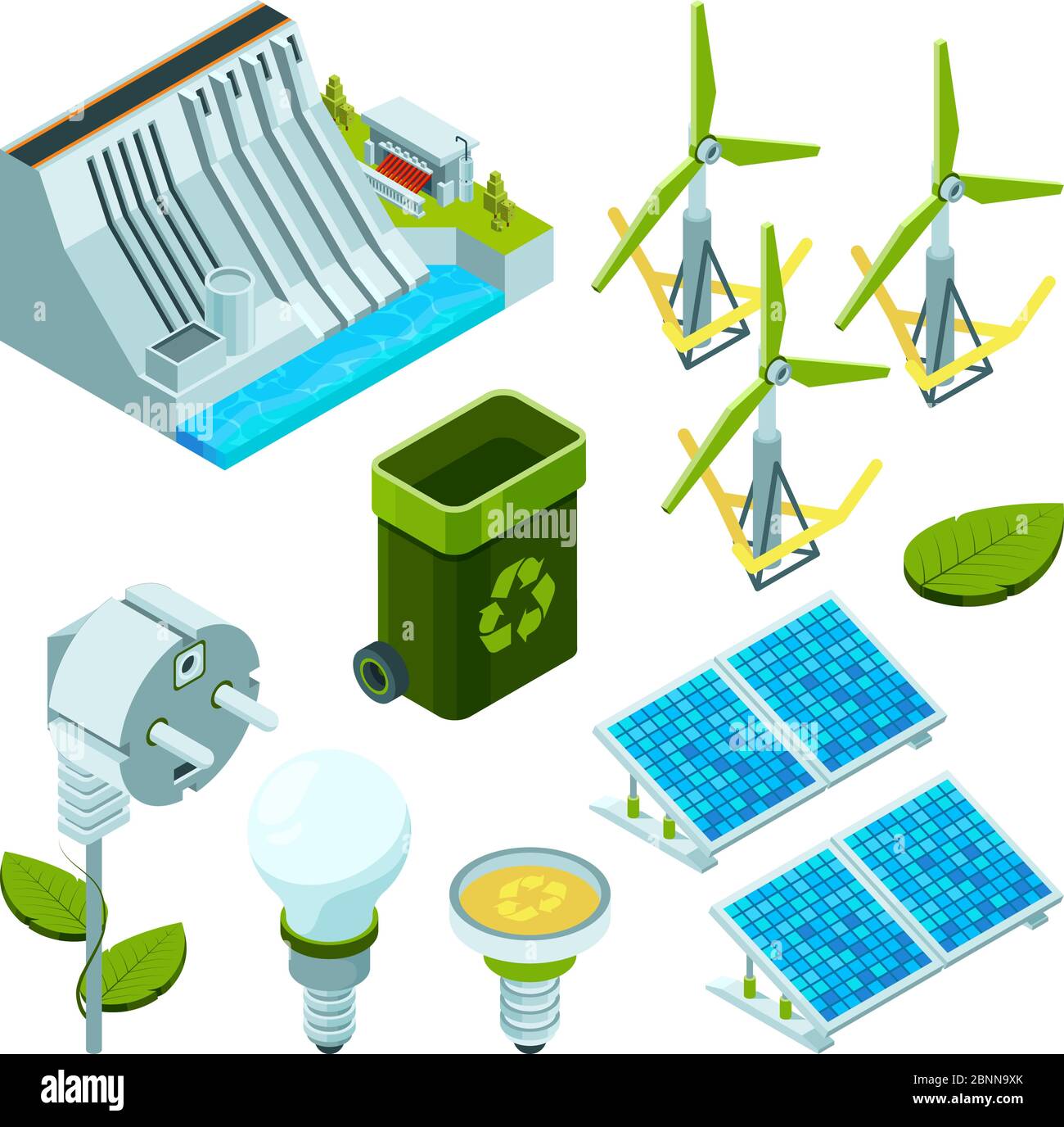 Energia verde. Risparmio energetico in fabbrica turbine elettriche ecosistema varie tecnologie simboli vettoriali isometrici 3d Illustrazione Vettoriale