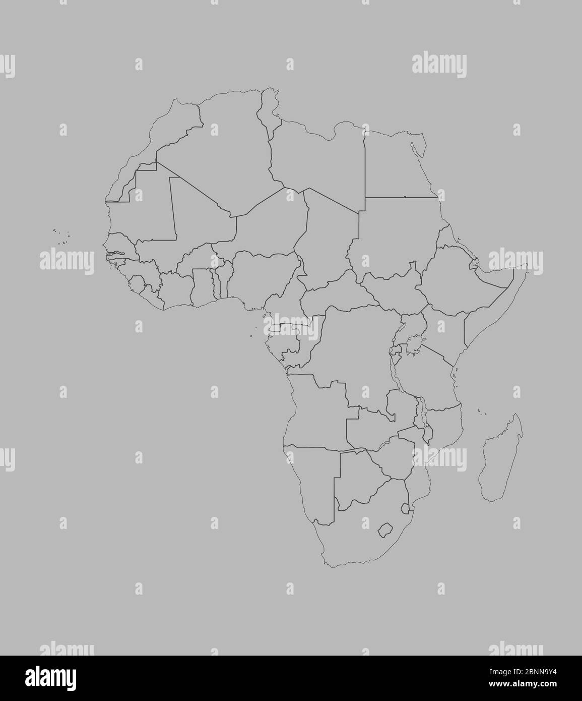 Africa mappa politica delineare illustrazione vettoriale. Sfondo grigio. Illustrazione Vettoriale