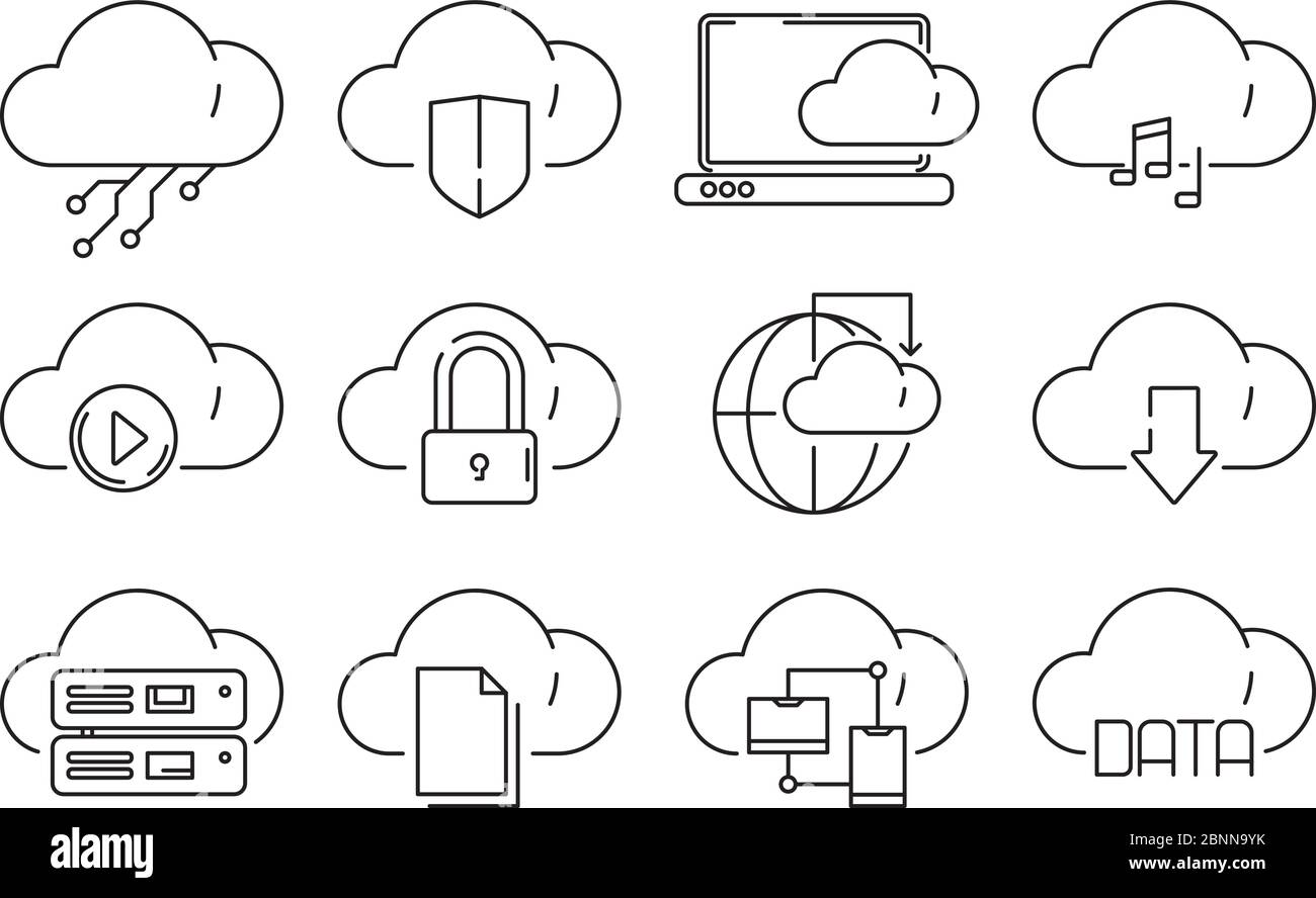 Icone dei servizi cloud Web. Internet SYNC tecnologia informatica infografica vettore simboli lineari isolati Illustrazione Vettoriale