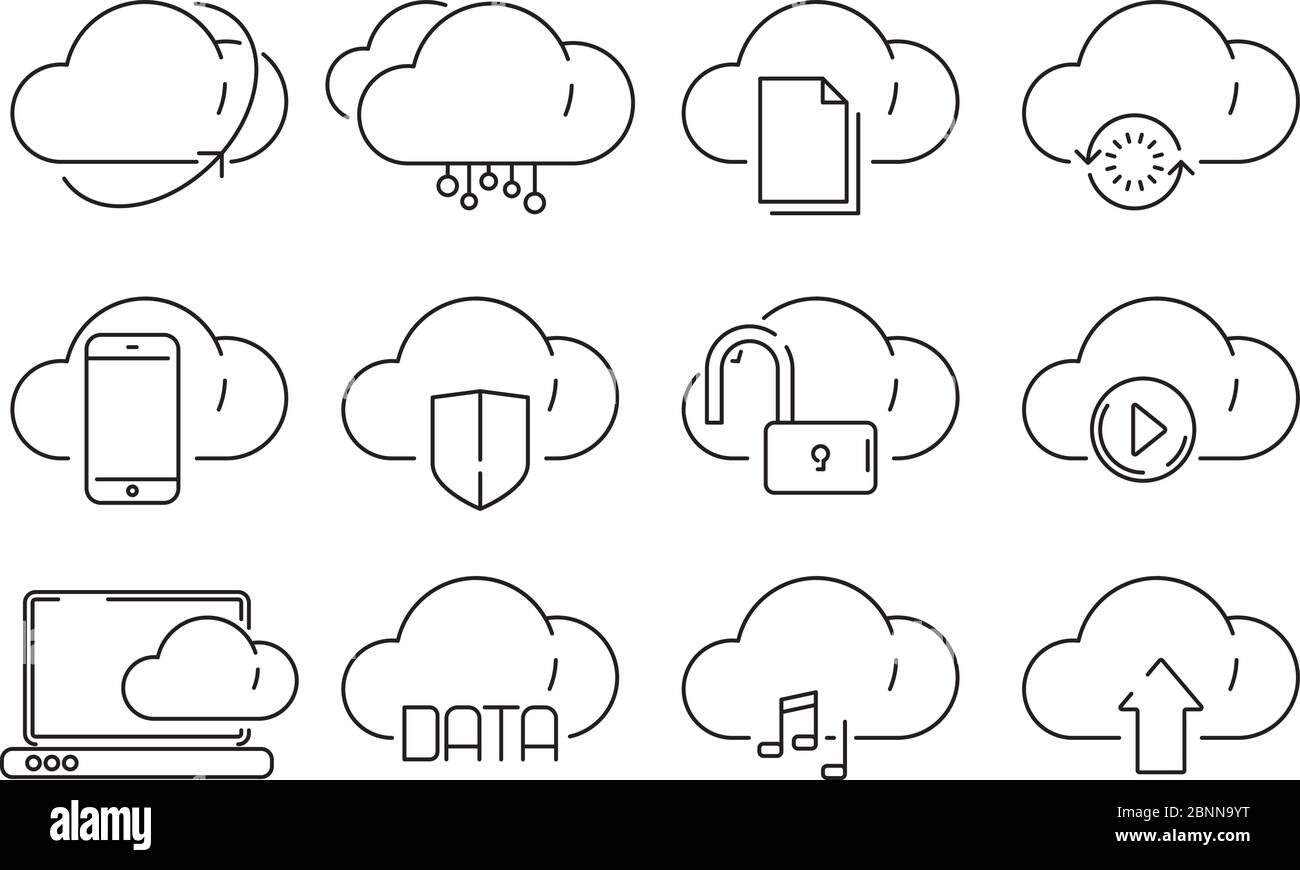 Icone di cloud computing. Archiviazione online sicura sul Web con simboli vettoriali connessi all'infrastruttura FTP di Internet per informazioni private Illustrazione Vettoriale Icone di cloud computing. Archiviazione online sicura sul Web con simboli vettoriali connessi all'infrastruttura FTP di Internet per informazioni private Illustrazione Vettoriale
