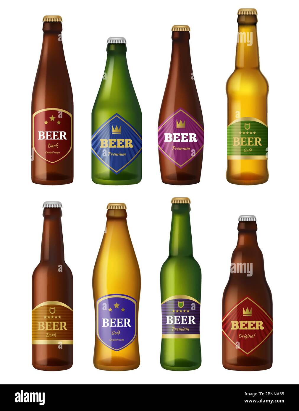 Etichette delle bottiglie di birra. Contenitori per bevande fredde per alcol navi badge progetti di progettazione. Illustrazioni vettoriali isolate Illustrazione Vettoriale