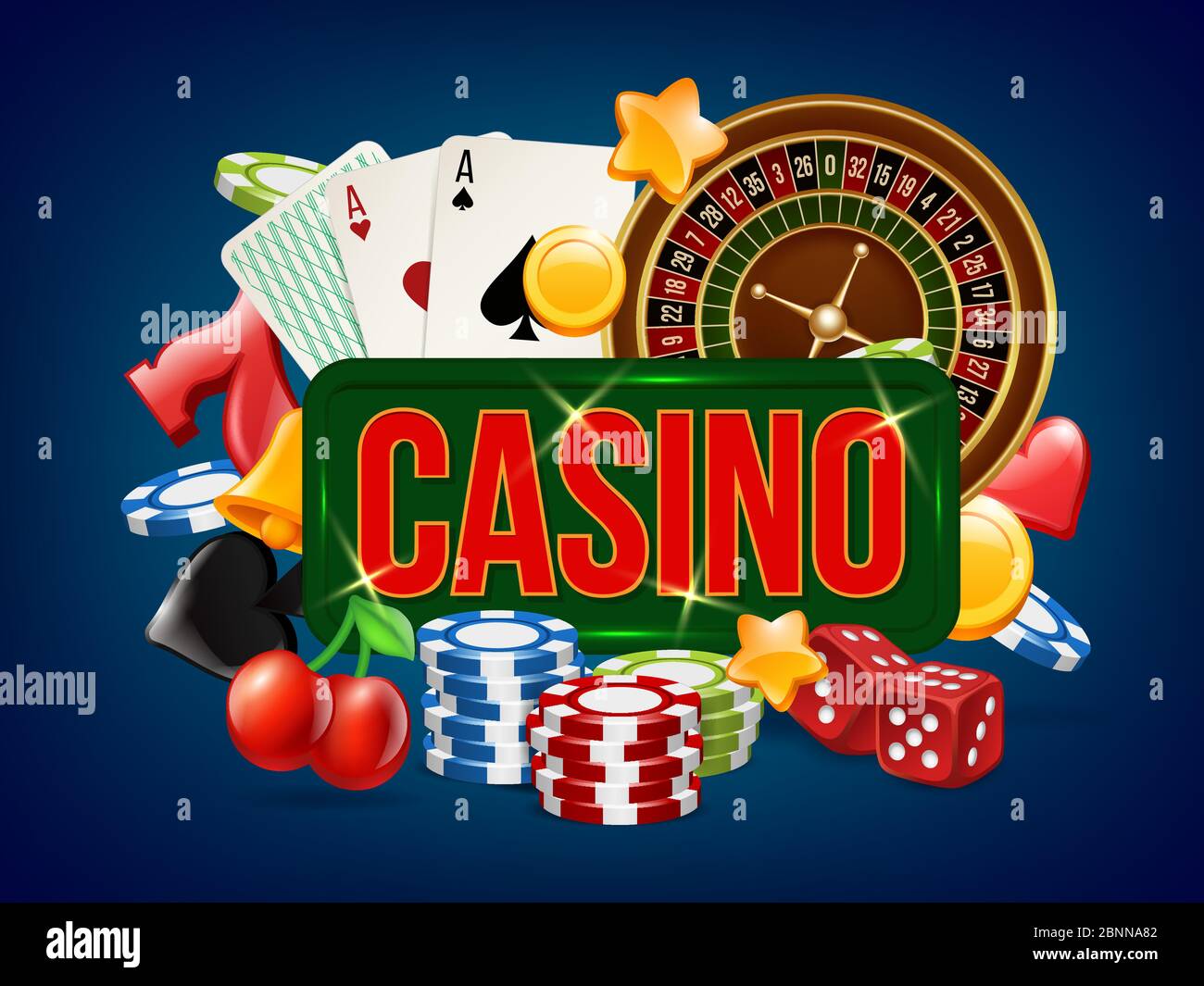 Poster del casinò. Pubblicità di poker dice bowling gioco d'azzardo domino e altri giochi di casinò vettore placard modello Illustrazione Vettoriale