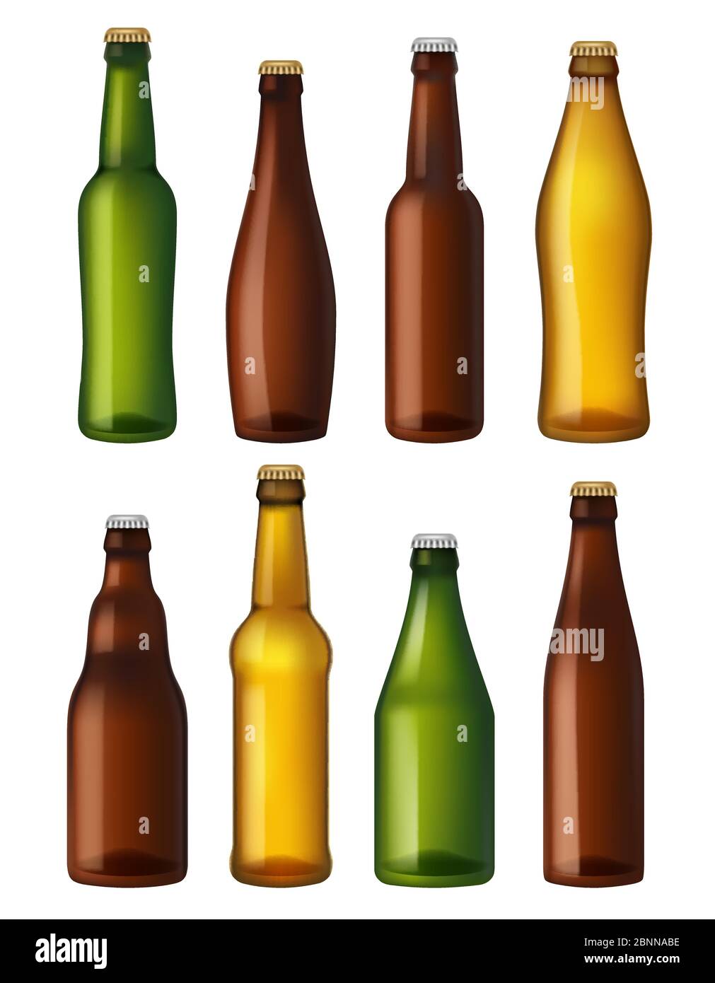 Bottiglie di birra vuote. Contenitori in vetro colorato, recipienti per artigianato marrone e leggero e birra verde. Illustrazioni vettoriali realistiche flaconi Illustrazione Vettoriale