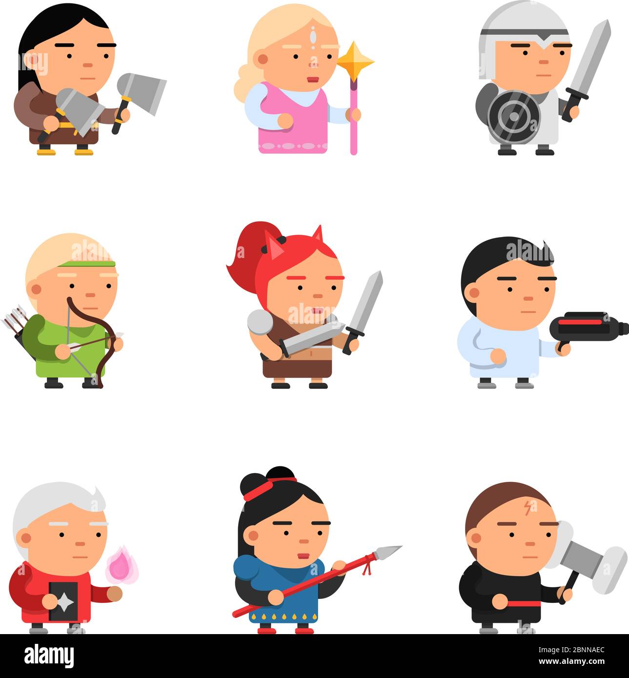 Personaggi fantasy di gioco. Computer 2d gioco fiaba mascot sprite cartoni animati cavaliere soldati elfo rpg sparatutto vettore Illustrazione Vettoriale