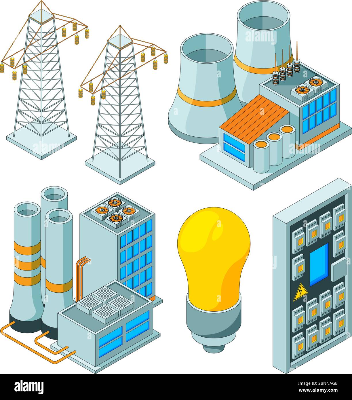 Impianto elettrico di energia. Generatori di illuminazione elettrica che consentono di risparmiare gli strumenti di illuminazione elettrica illustrazioni vettoriali isometriche Illustrazione Vettoriale