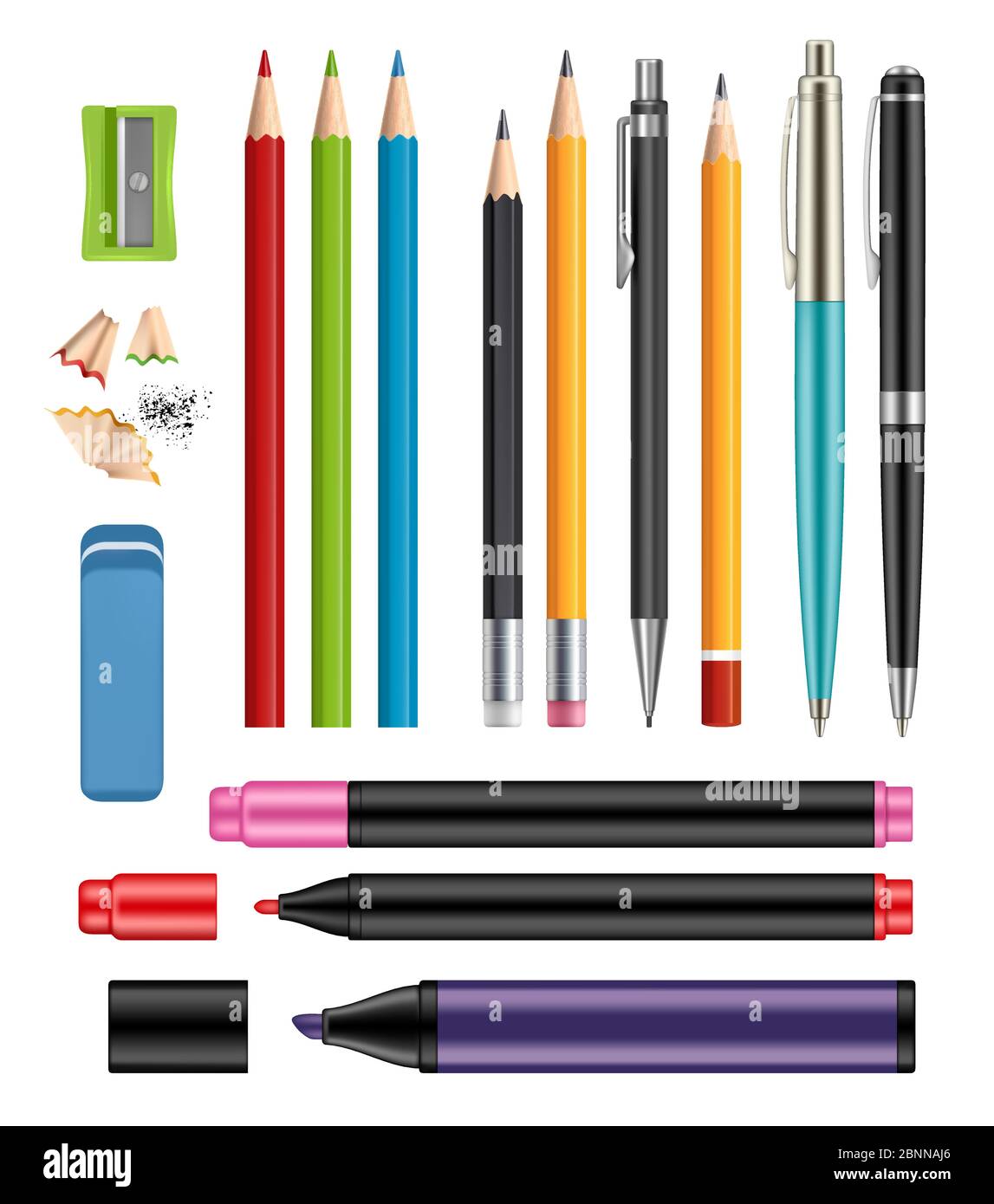 Penna e matite. Ufficio cancelleria scuola di articoli colorati di istruzione aiutare vettore 3d collezione realistica di penne di plastica legno matite Illustrazione Vettoriale