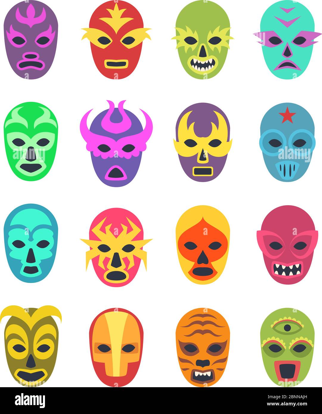 Maschera libre Lucha. Abbigliamento da combattimento marziale wrestler sport maschere colorate uniformi icona vettoriale colorata Illustrazione Vettoriale