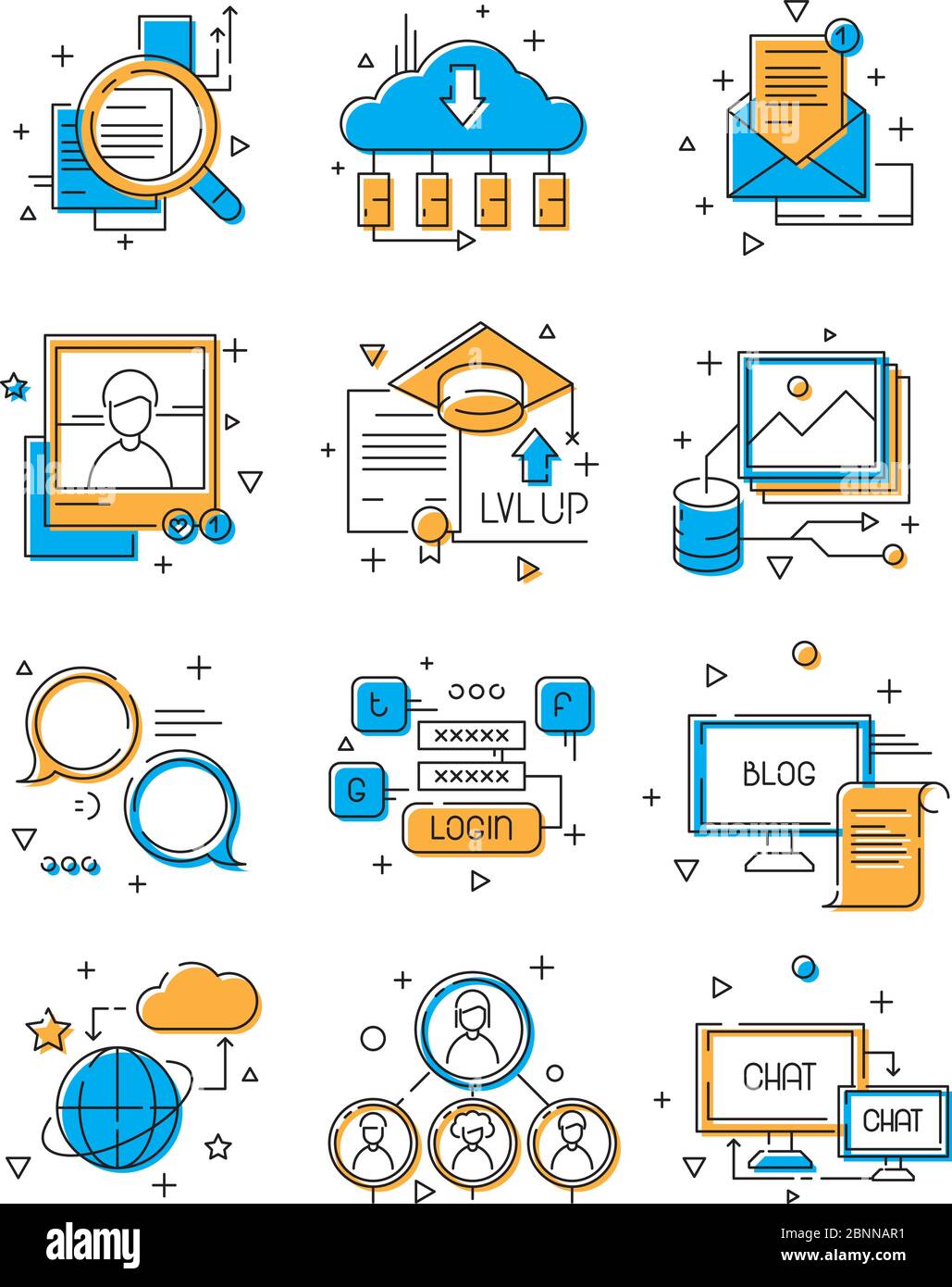 Icone dei supporti digitali. Marketing sociale, comunità di persone di gruppo per parlare web connessione mobile illustrativa di simboli vettoriali di linea colorata Illustrazione Vettoriale