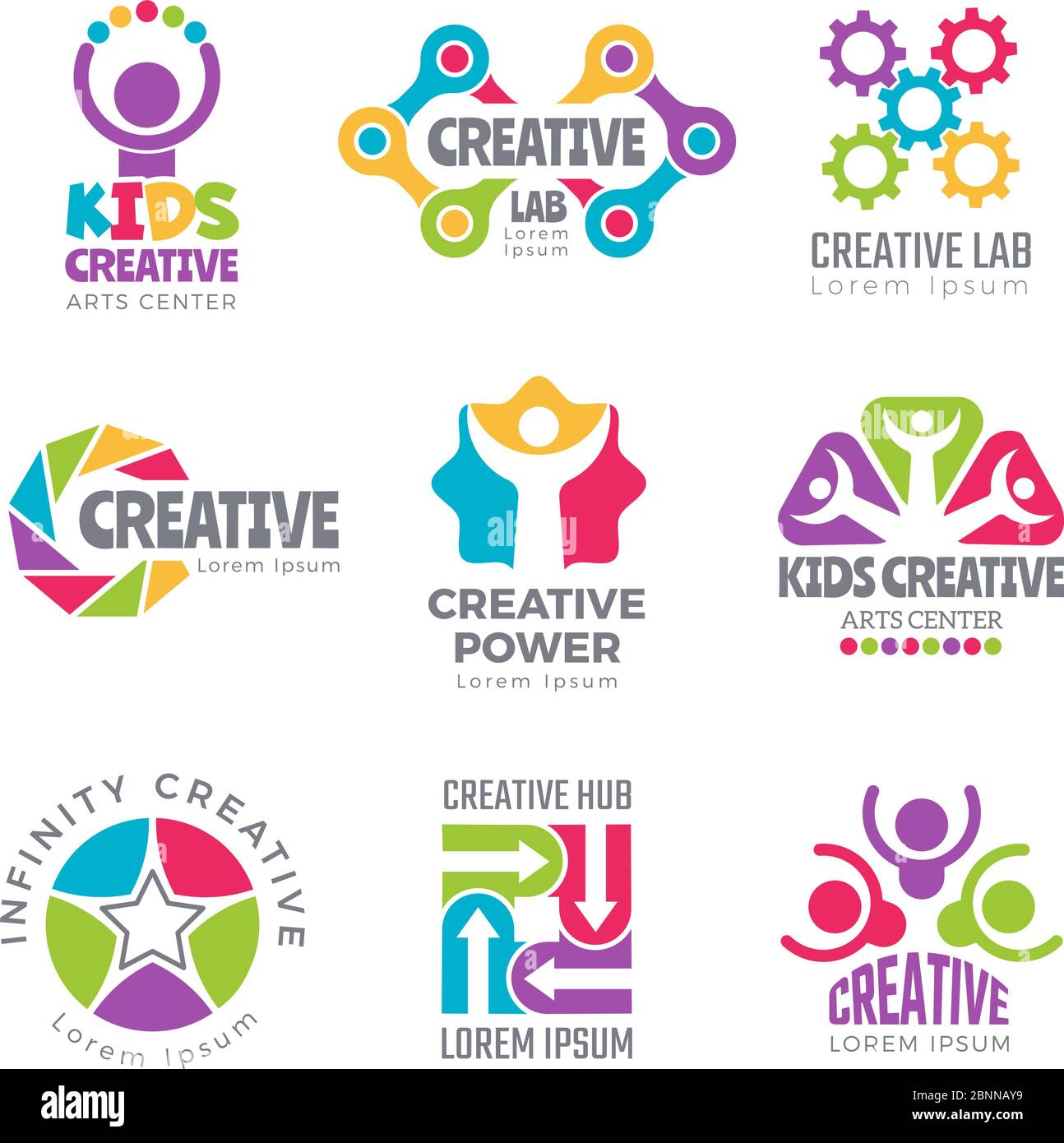 Modelli di logo creativi. Colorati logotipi astratti per sviluppatori creatori di simboli scientifici che pensano elementi vettoriali icone Illustrazione Vettoriale