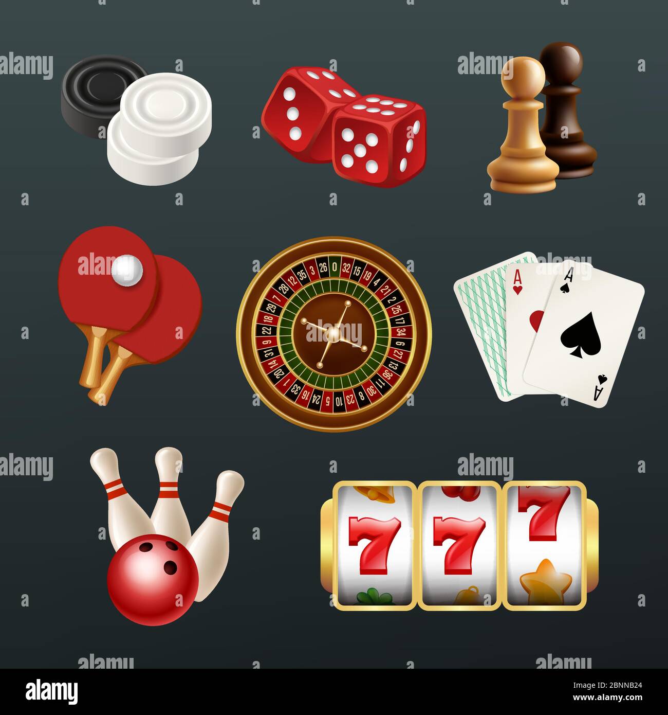Icone realistiche del gioco. Poker dadi bowling gioco d'azzardo domino web casinò simboli vettore illustrazioni isolato Illustrazione Vettoriale