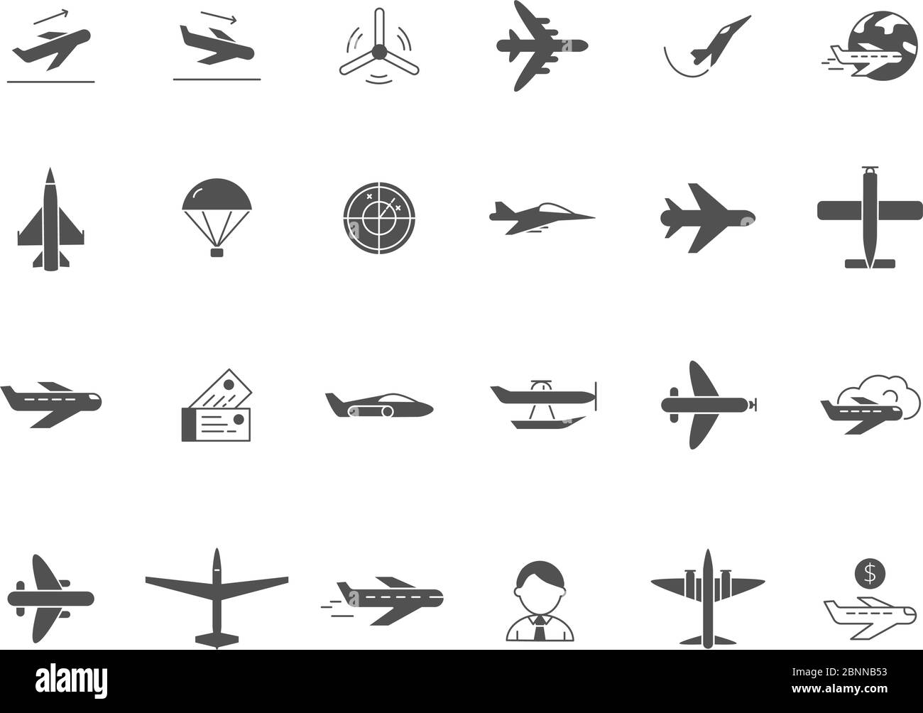 Icone nere dell'aereo. Le forze militari degli aerei a reazione e i simboli dei vettori di viaggio dell'aviazione civile Illustrazione Vettoriale