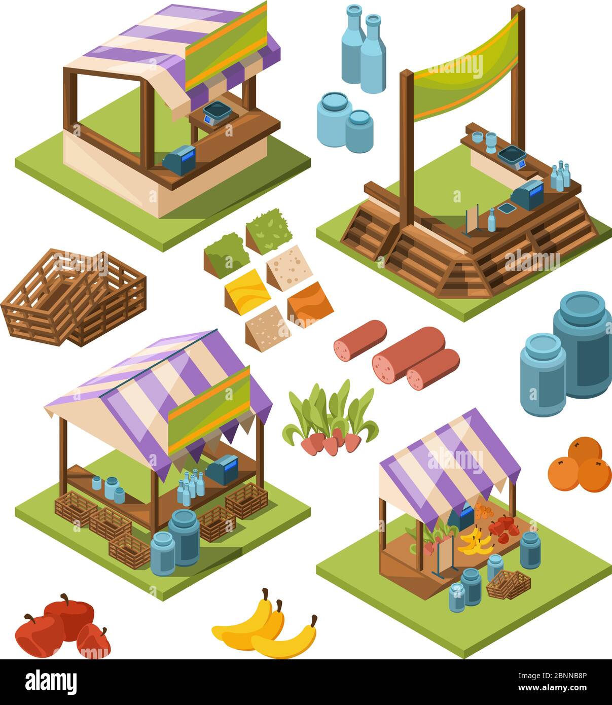 Azienda agricola locale isometrica. Mercati alimentari con carne verdure pesce negozio paese negozio vettore foto isolato Illustrazione Vettoriale