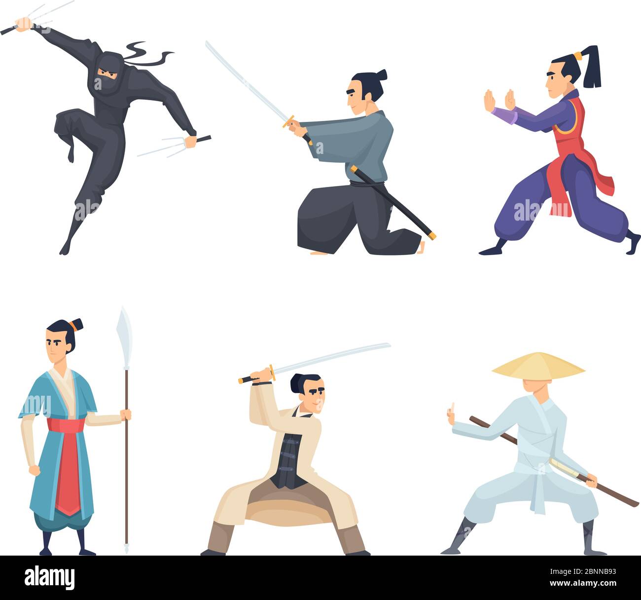 Combattente asiatico. Uomo che tiene katana tradizionale giappone arma spada samurai ninja vettori personaggi isolati Illustrazione Vettoriale