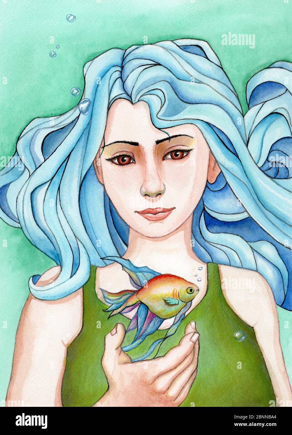 Ragazza con capelli blu ondulati e un pesce colorato che nuota sulla sua mano aperta. Illustrazione dell'acquerello sulla carta. Foto Stock