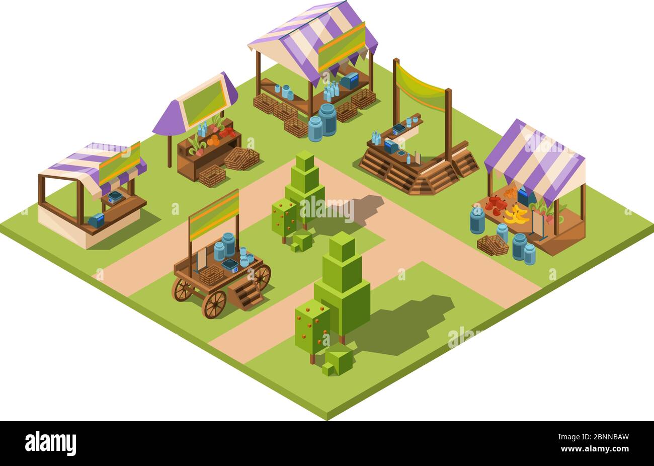 Mercato alimentare all'aperto. Mercati locali di alimentari di fattoria isometrica con verdure frutta carne e pesce contadini paese vettore negozio Illustrazione Vettoriale