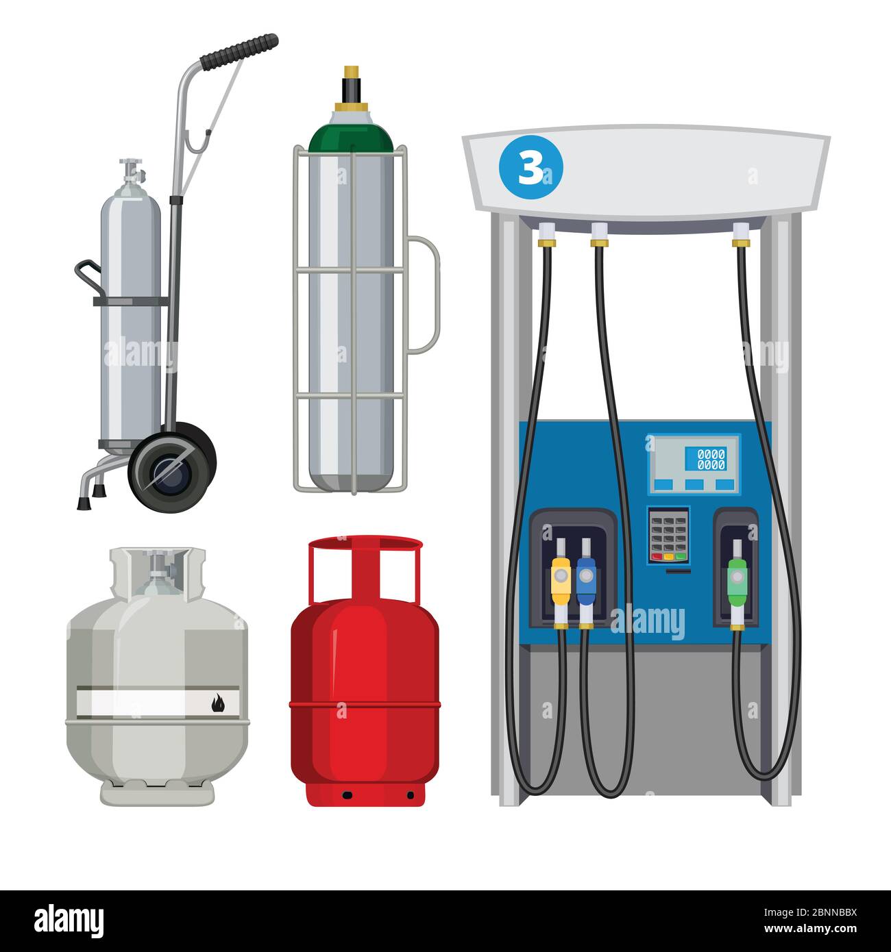 Stazione di servizio. Pompe benzina tipi di benzina cilindri metallici serbatoio illustrazioni vettoriali delle pompe benzina Illustrazione Vettoriale