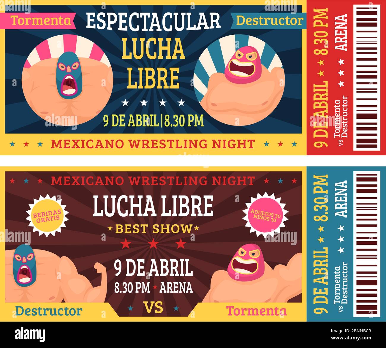 Biglietto Lucha libre. Wrestlers messicani in maschere luchador annuncio di combattimento marziale modello di disegno vettoriale Illustrazione Vettoriale