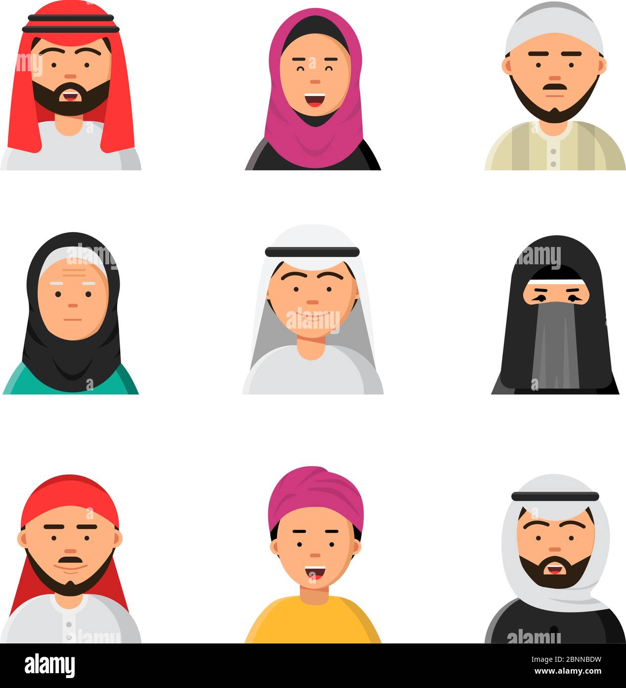 Avatar arabi. Islam ritratti musulmani di hijab niqab maschio e femmina vettore icone piatte per il web Illustrazione Vettoriale