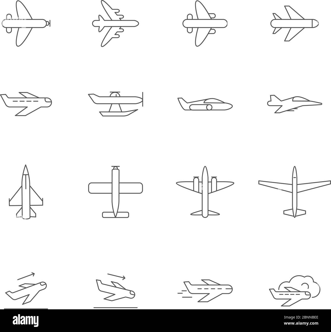 Icone di contorno aereo. Simboli di aerei passeggeri vettori aerei monoline immagini isolate Illustrazione Vettoriale