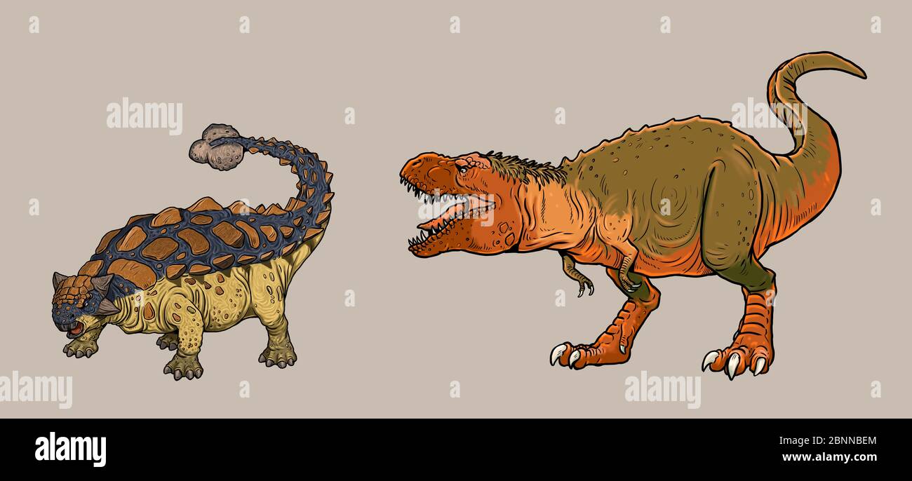 I dinosauri combattono. Tirannosauro Rex contro Ankylosaurus. Dino lotta illustrazione. Foto Stock