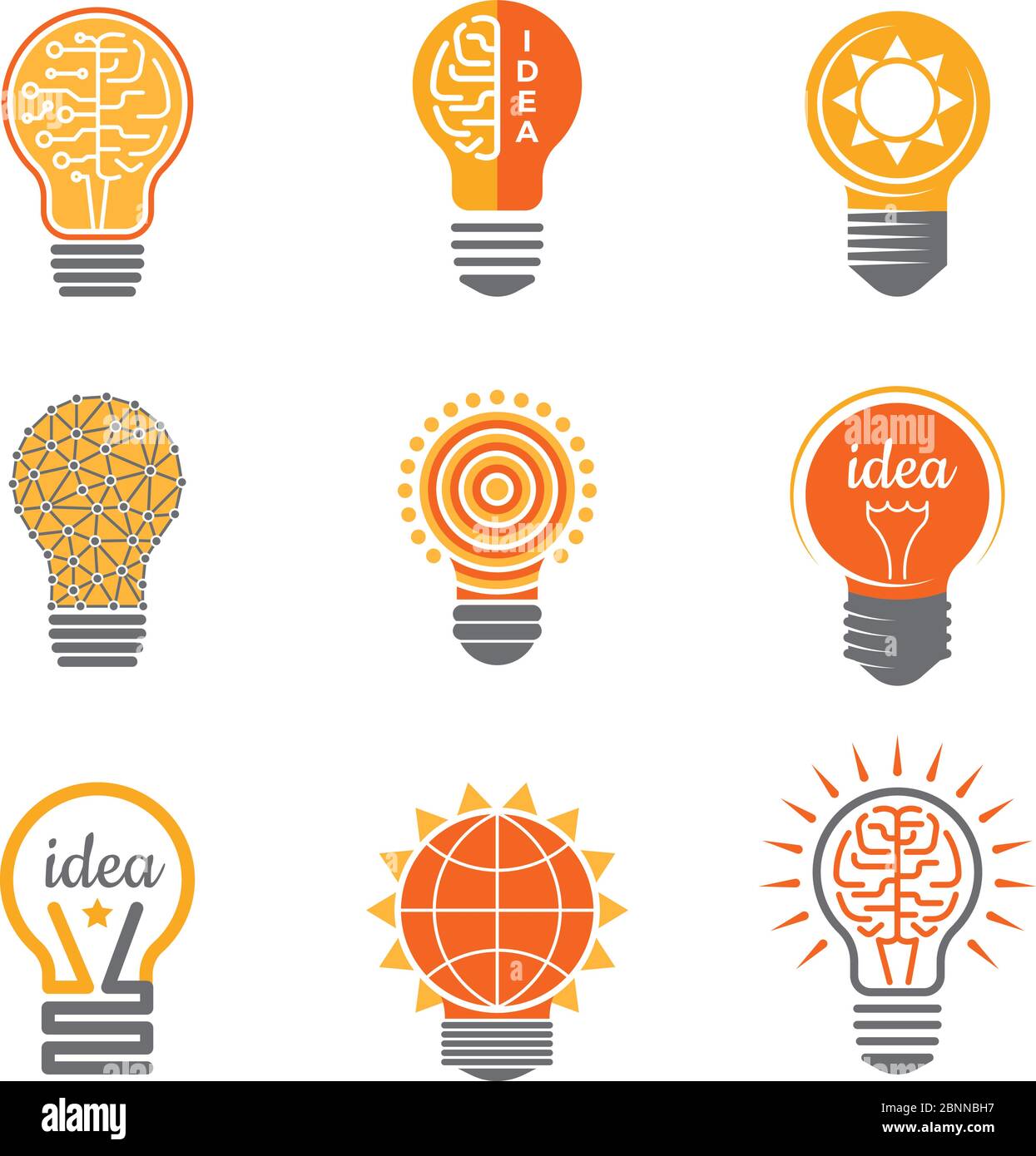 Logo della lampada Ideas. Elettronica luce lampadina energia arancione brillante giallo electricista business simboli creativi vettore logotipi modello Illustrazione Vettoriale