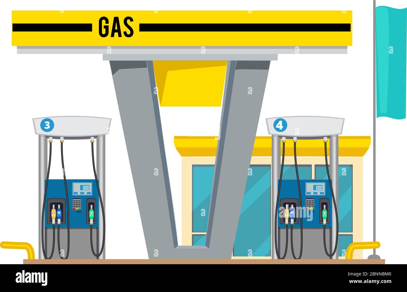 Stazione della pompa del gas. Esterno del negozio di petrolio petrolio petrolio per auto vettore cartoon sfondo Illustrazione Vettoriale