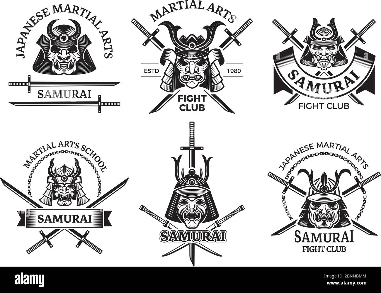 Etichette asiatiche marziali. Samurai agressive maschere guerrieri e spada katana vettore etichette logo o disegni tatuaggio Illustrazione Vettoriale