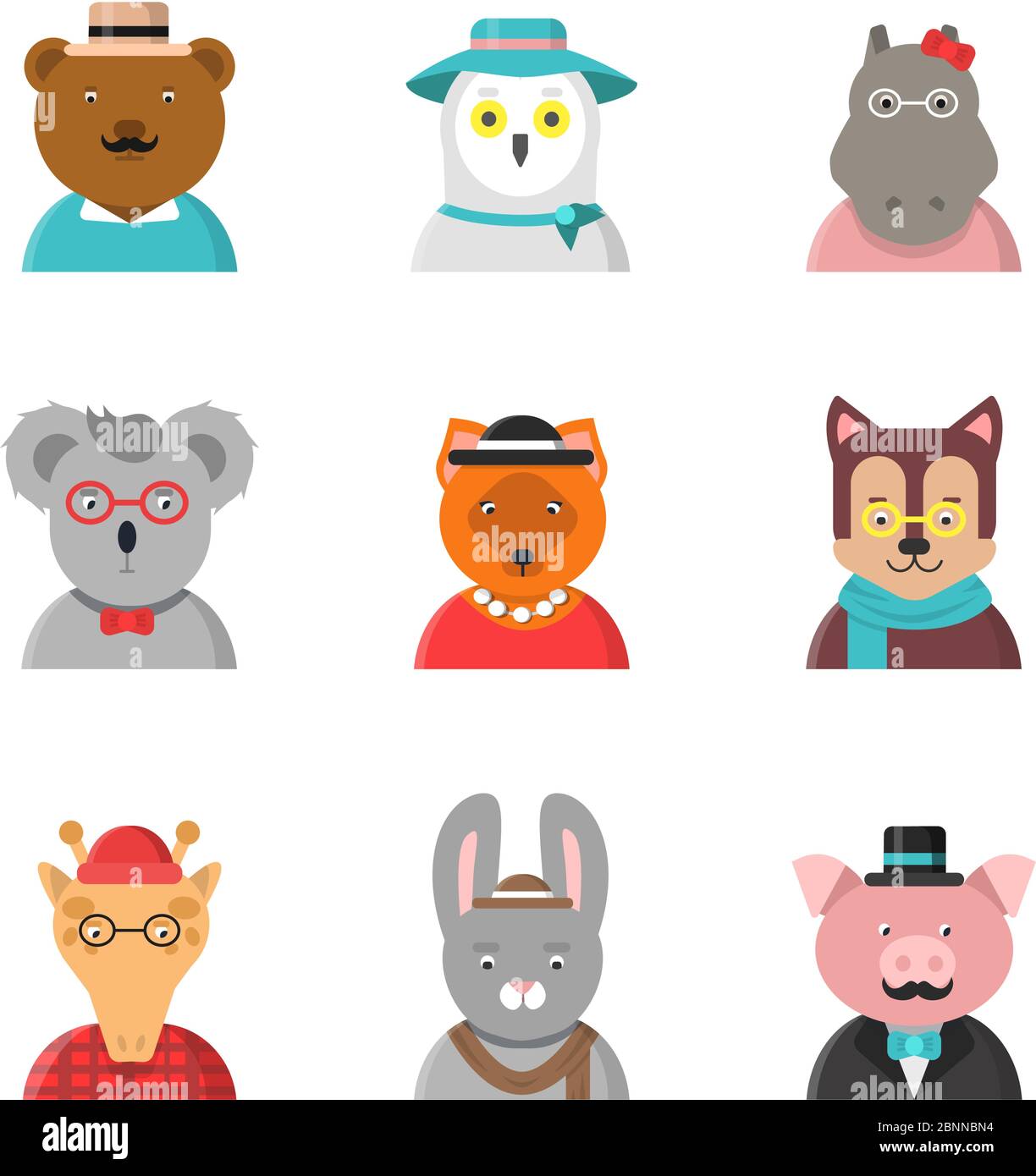 Avatar animali. Carino animali hipster volpe portare giraffa cane in divertenti vestiti e accessori vettori caratteri piatti Illustrazione Vettoriale