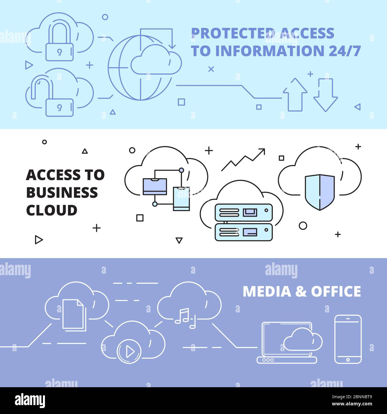 Banner sulla tecnologia cloud. Software online computer internet servizi sicurezza FTP connessione lavoro laptop pc business vettoriale concetto Illustrazione Vettoriale