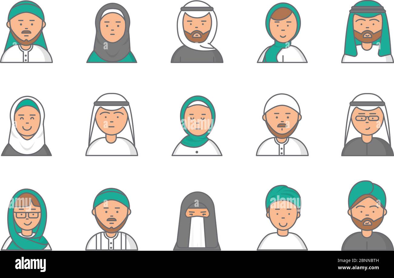 Avatar lineari Islam. Arabo musulmano saudita maschile e femminile vettore volti per il profilo web Illustrazione Vettoriale