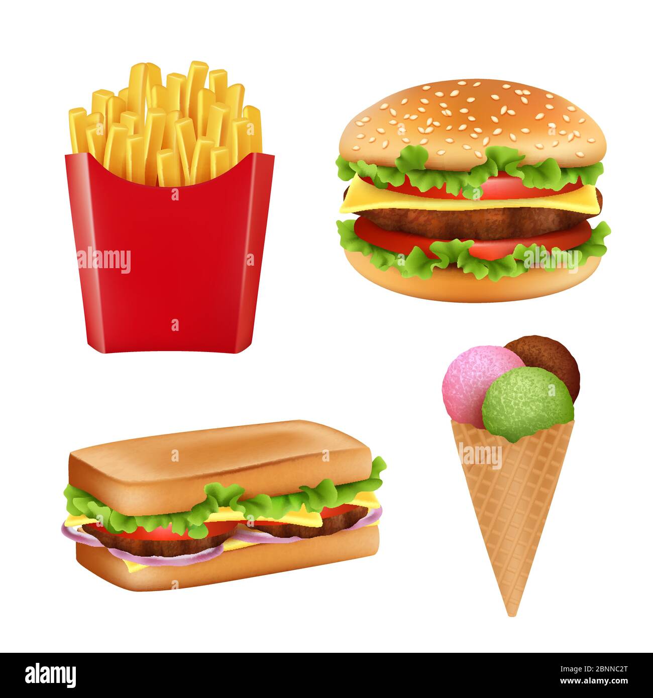 Immagini di fast food. Hamburger sandwich fritte icecream e bevande fredde pane 3d realistico vettore illustrazioni isolato Illustrazione Vettoriale