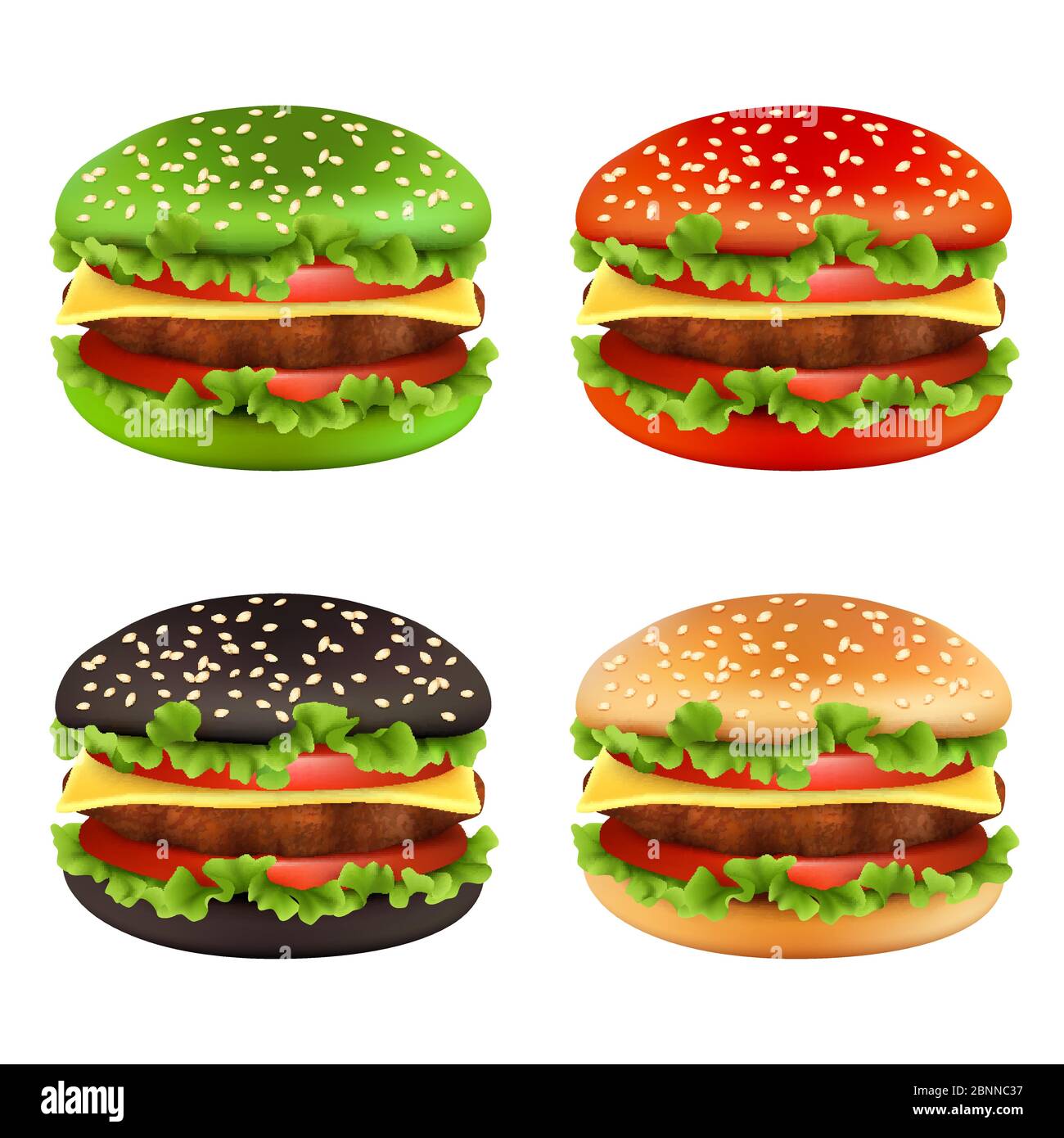 Hamburger colorati. Fast food cheeseburger pane nero di diversi colori e  ingredienti pasto manzo patatine pomodoro delizioso vettore alimentare  Immagine e Vettoriale - Alamy