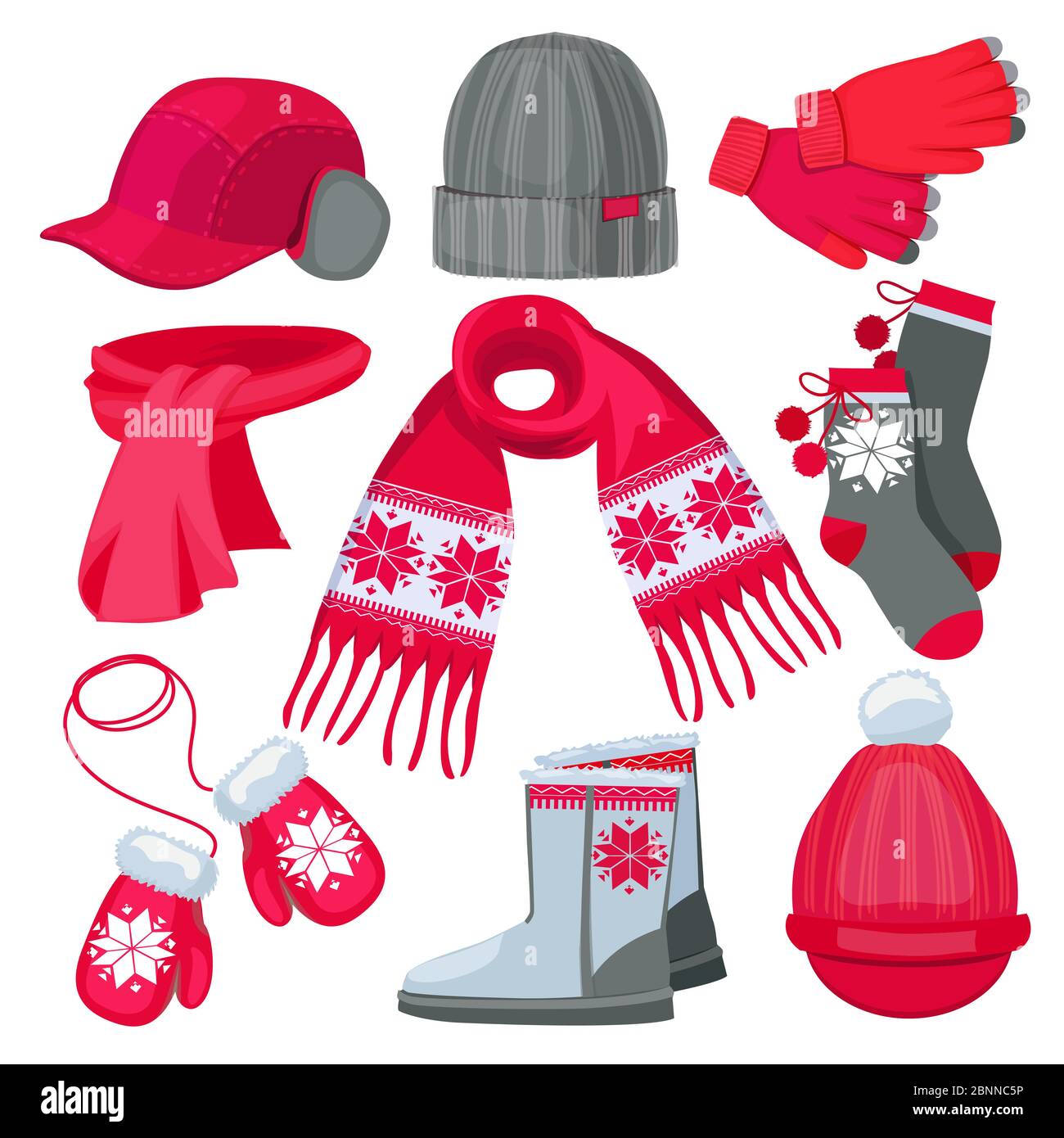 Abiti invernali. Cappellino sciarpa mitragliare abiti di moda natalizia isolati su collezione vettoriale bianca Illustrazione Vettoriale