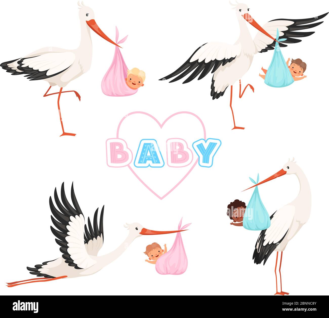 Cicogna con il bambino. Carino uccello volare con neonato succhietto bambino vettore cartoon mascotte pose divertenti Illustrazione Vettoriale