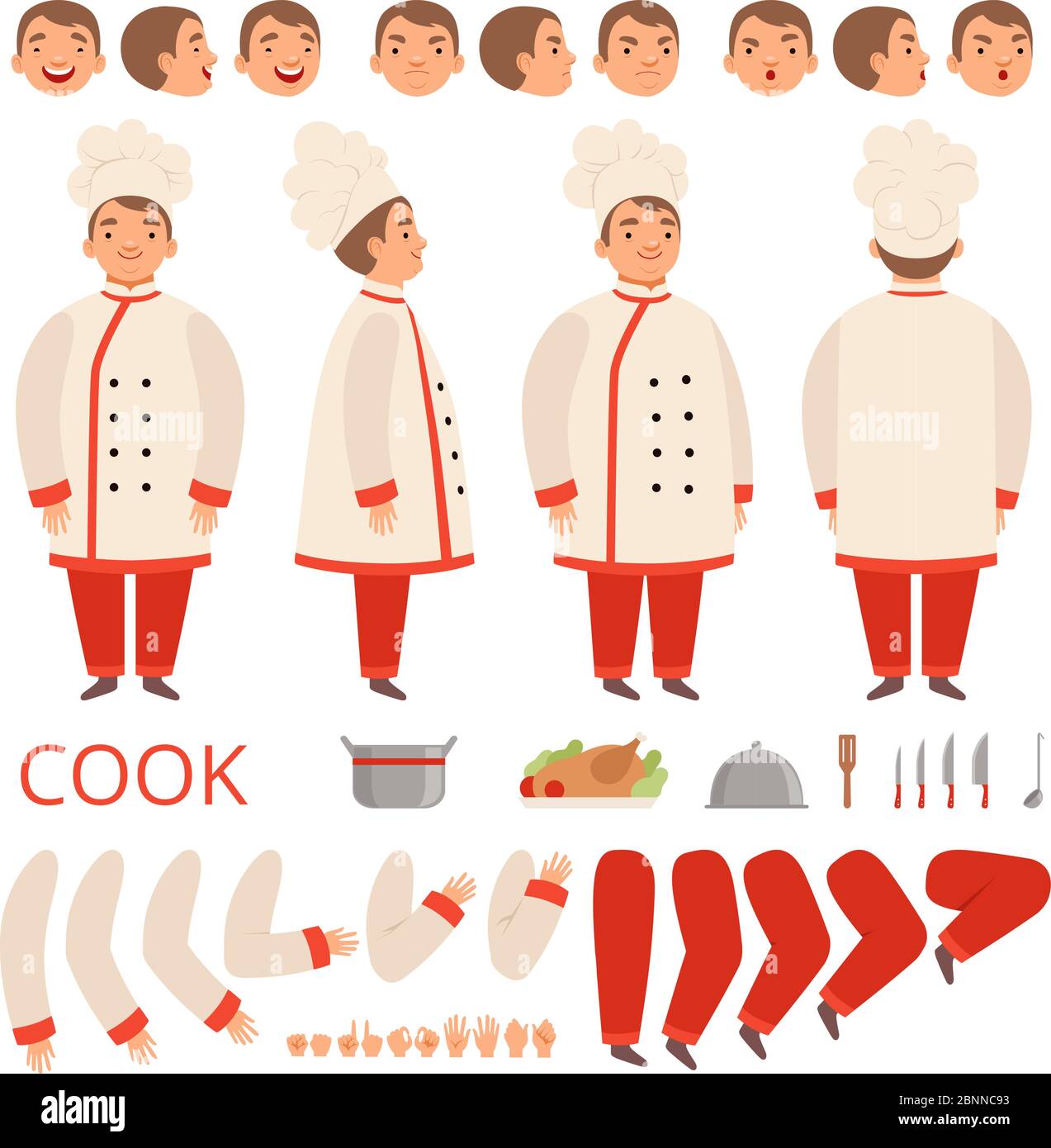 Animazione di cottura. Chef personaggi corpo parti mani braccia testa e vestiti con strumenti da cucina vettoriale kit creazione Illustrazione Vettoriale