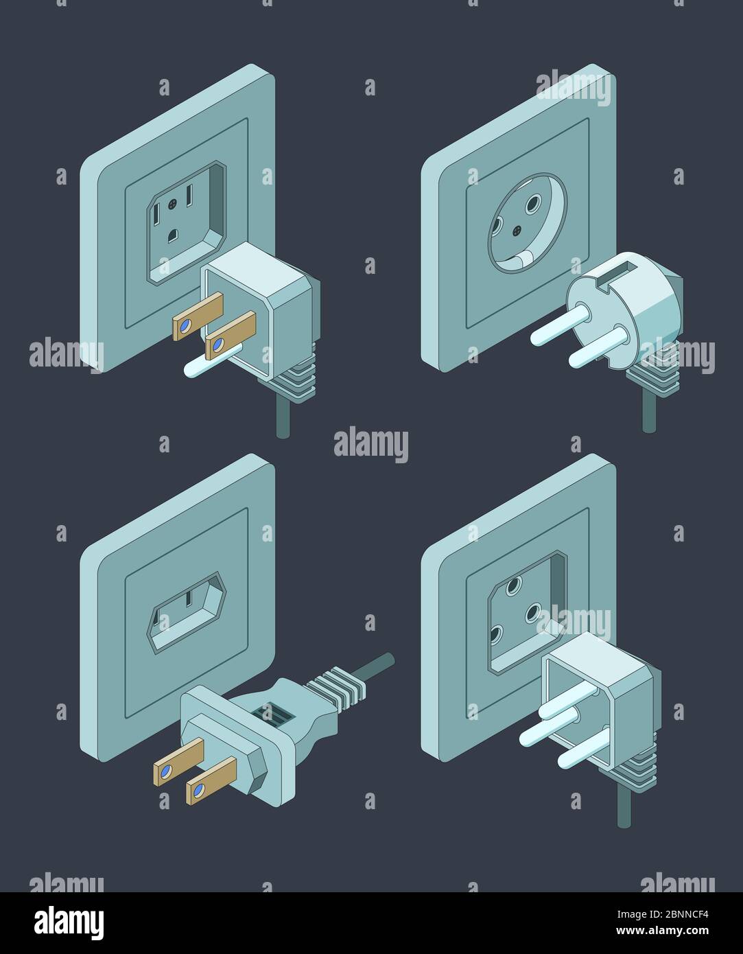 Tipo di alimentazione elettrica. Interruttore elettrico home isolamento spine di energia vettoriale immagini isometriche Illustrazione Vettoriale