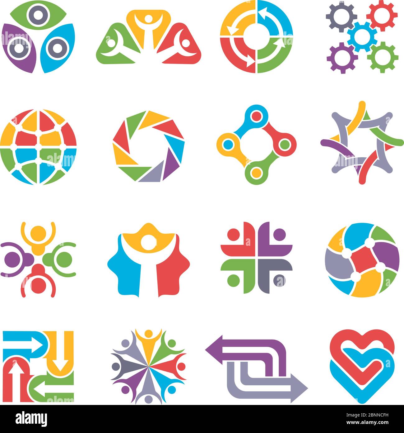 Forme del logo circolare. Gruppo comunitario riciclaggio partenariato insieme forme astratte colorate per simboli e logotipi commerciali Illustrazione Vettoriale