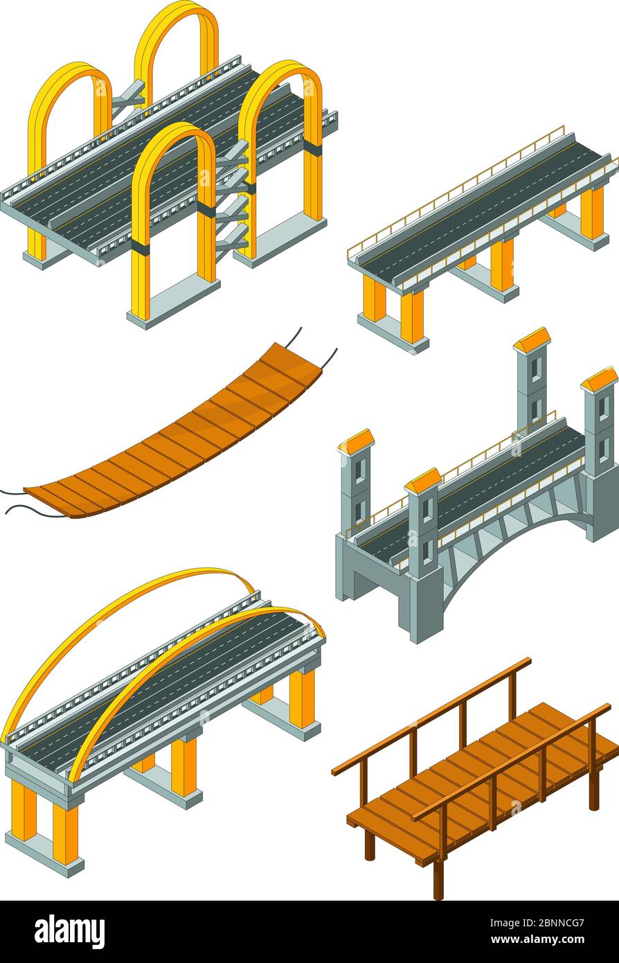 Ponte di Viadotto isometrico. Supporto legno che attraversa fiume o autostrada industria di taglio paesaggio urbano vettore Illustrazione Vettoriale