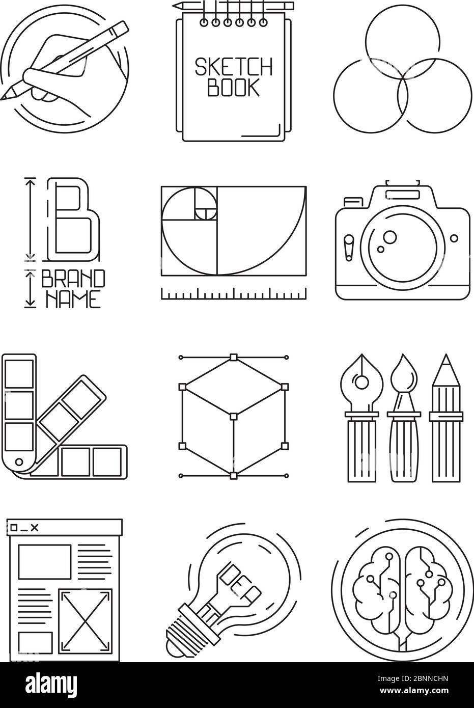 Icone di processo creativo. Disegno di schizzo marcare a caldo blogging simboli creativi grafici di artisti popoli illustrazioni vettoriali Illustrazione Vettoriale