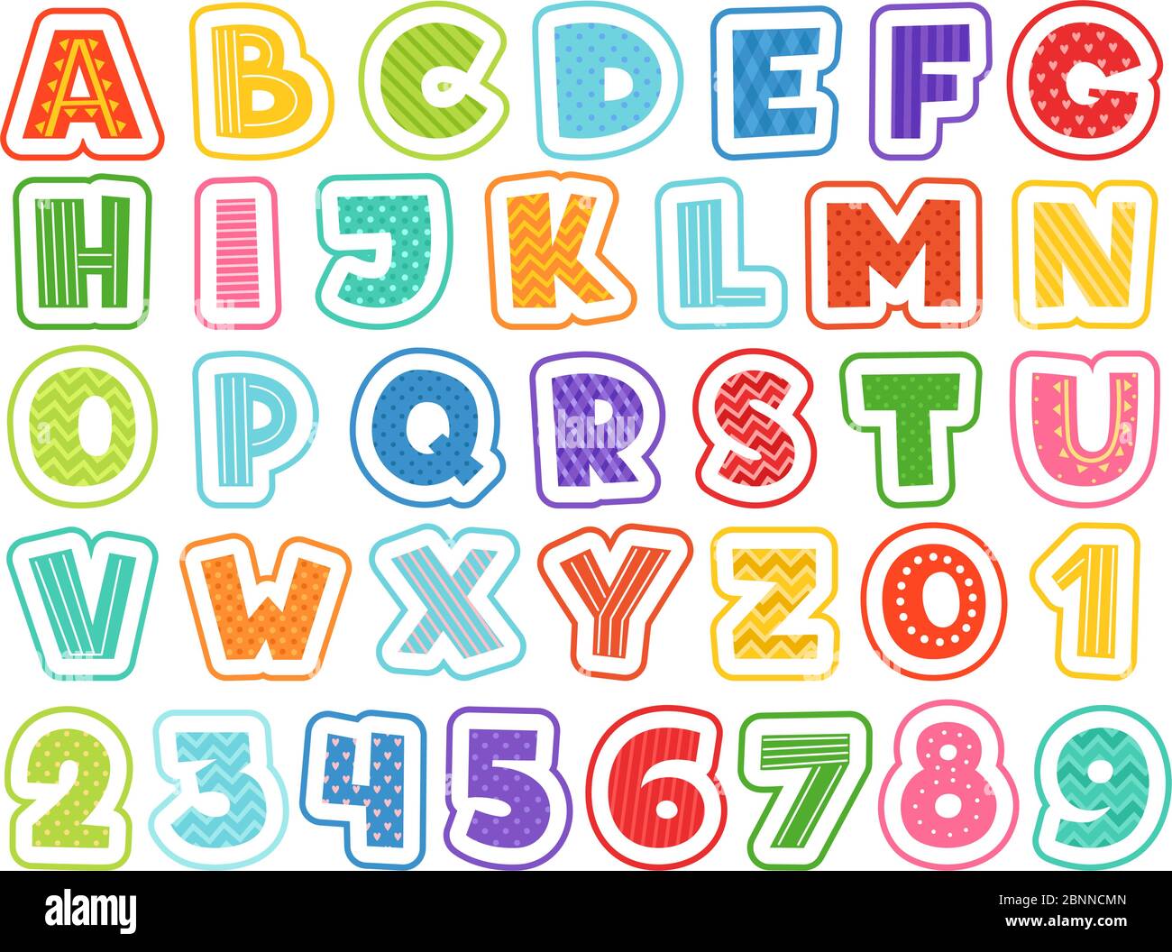 Alfabeto cartoon. Carino colorato lettere numeri segni e simboli per bambini scuola e vettore divertente font Illustrazione Vettoriale